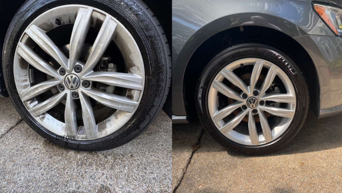 Brake-dust covered wheel before and after cleaning