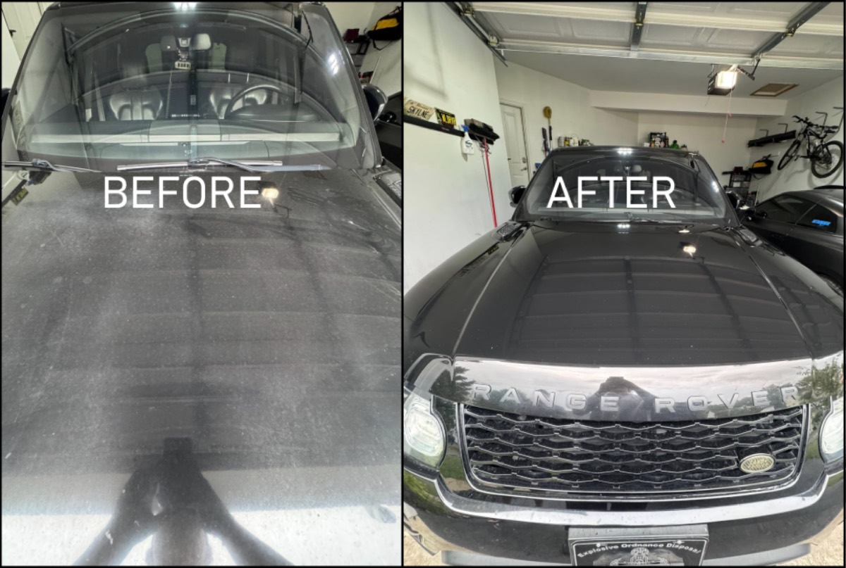 Range Rover windshield and hood before and after exterior detail